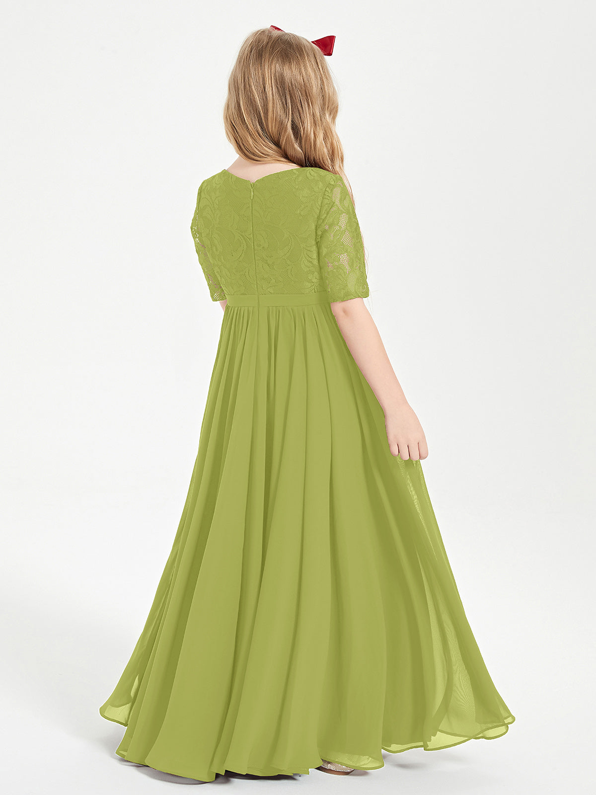 Long Junior Bridesmaid Gown Lace Top Half Sleeves Clover
